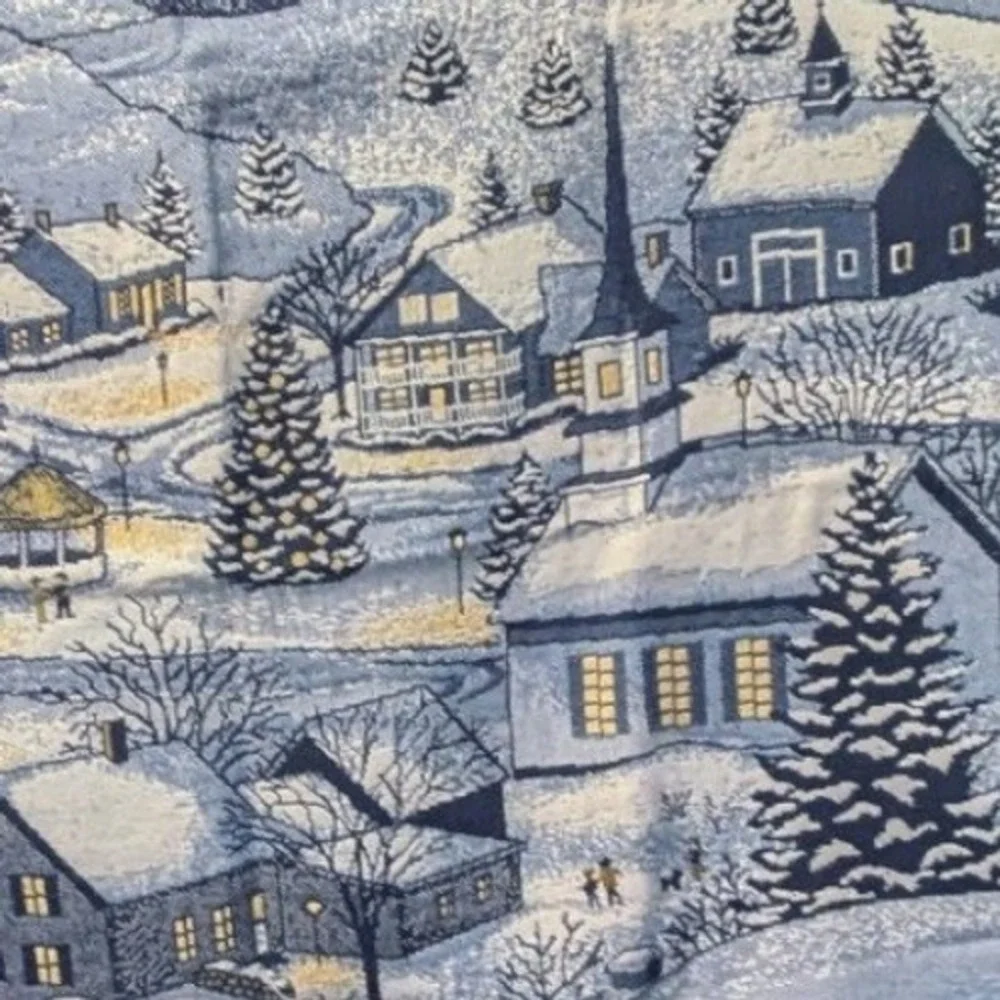 Vintage Winter Village Woven Tapestry Throw Blanket Holly Berry Fringe Christmas